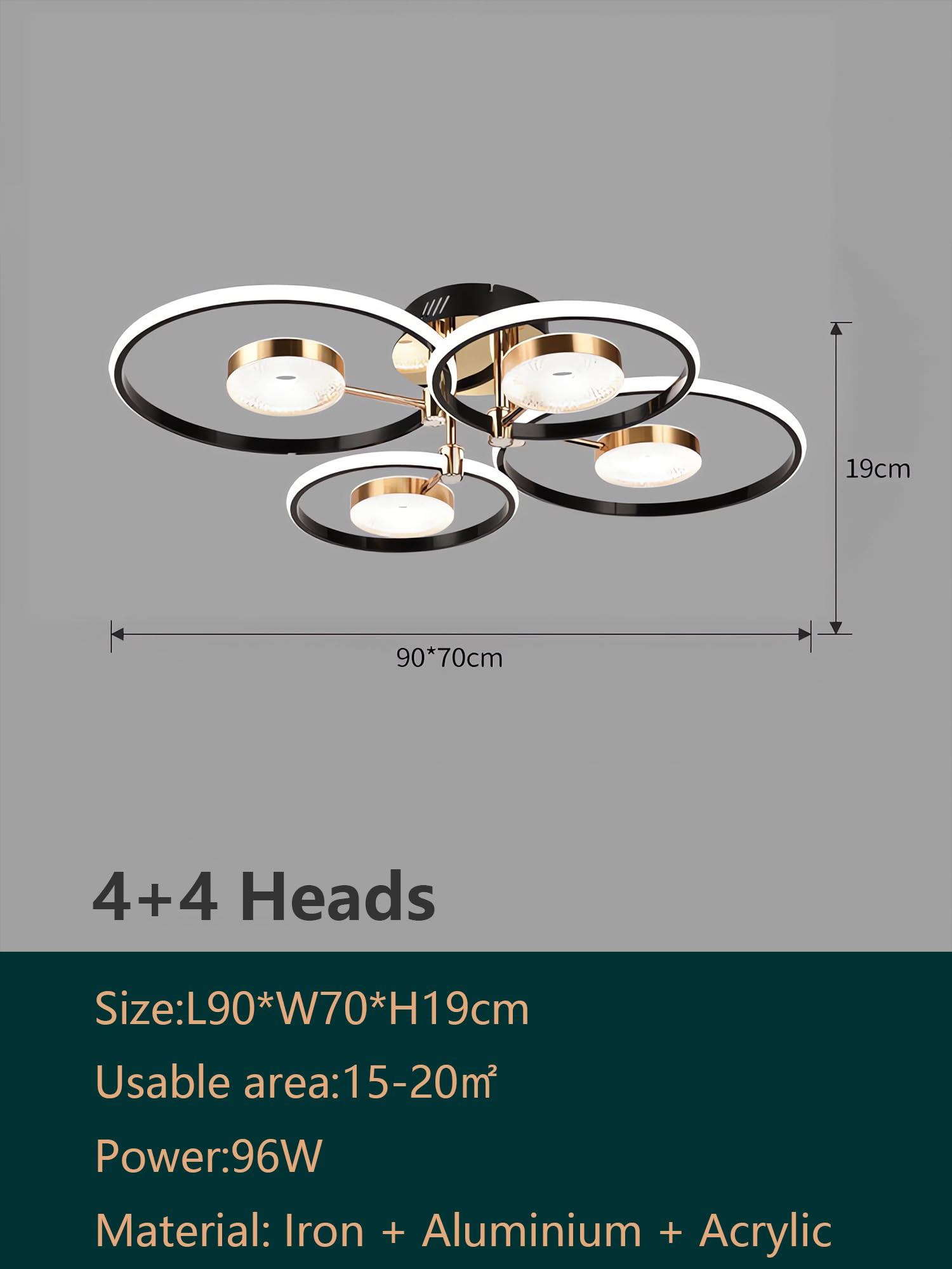 QYSMGS LED-Deckenleuchte schwarz Moderne Runde Ring Design Deckenlampen Dimmbar mit Fernbedienung Wohnzimmer Deckenbeleuchtung Kreativer Acryl-Kronleuchter für Schlafzimmer und Esszimmer (4+4 Köpfe)
