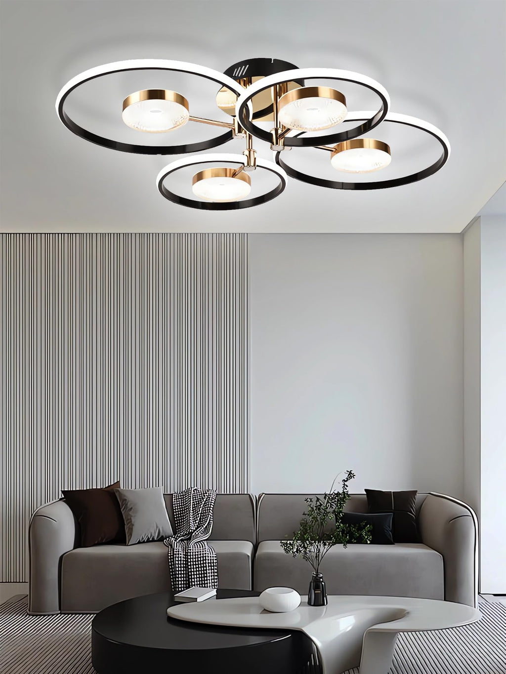 QYSMGS LED-Deckenleuchte schwarz Moderne Runde Ring Design Deckenlampen Dimmbar mit Fernbedienung Wohnzimmer Deckenbeleuchtung Kreativer Acryl-Kronleuchter für Schlafzimmer und Esszimmer (4+4 Köpfe)