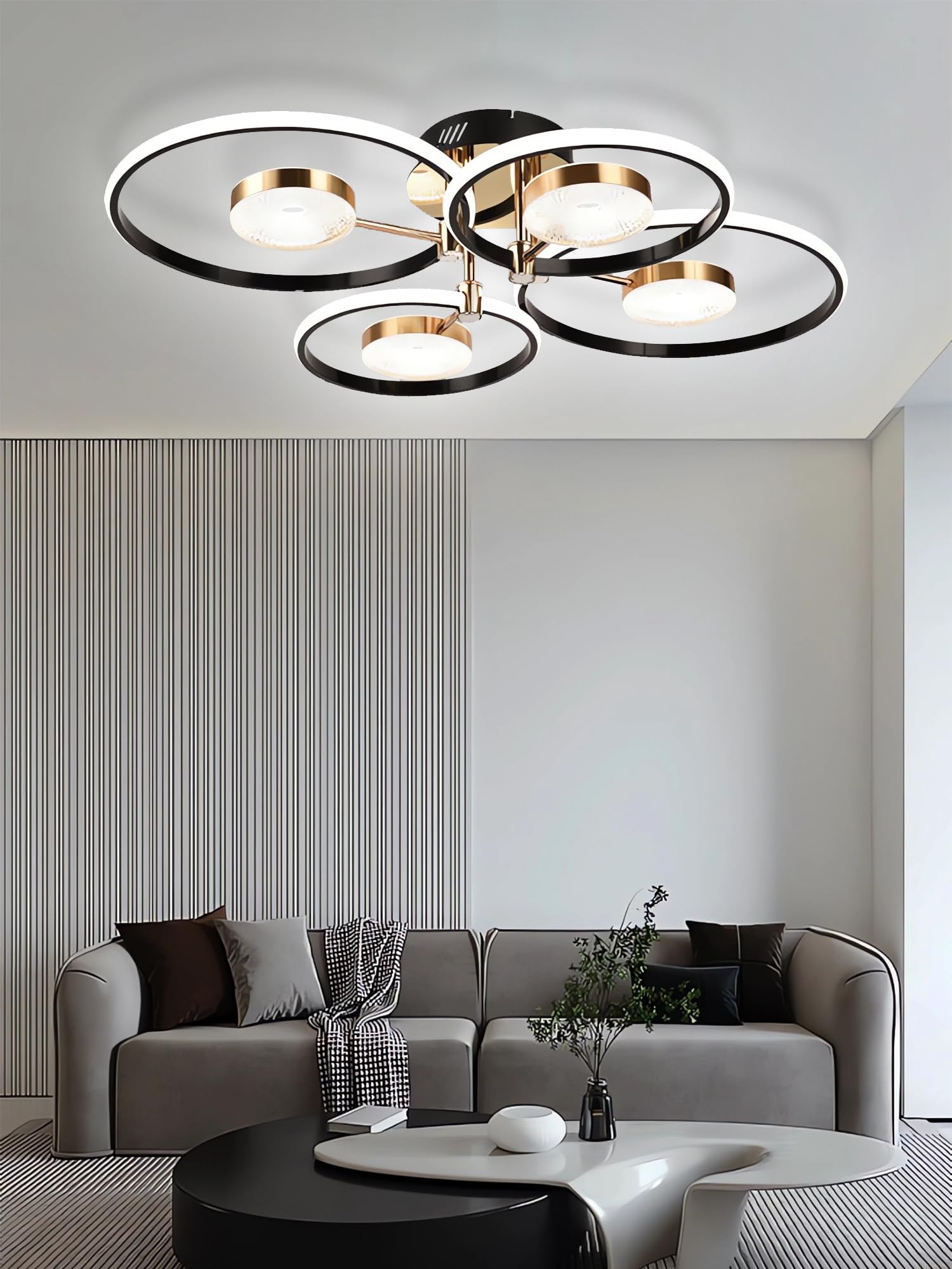 QYSMGS LED-Deckenleuchte schwarz Moderne Runde Ring Design Deckenlampen Dimmbar mit Fernbedienung Wohnzimmer Deckenbeleuchtung Kreativer Acryl-Kronleuchter für Schlafzimmer und Esszimmer (4+4 Köpfe)