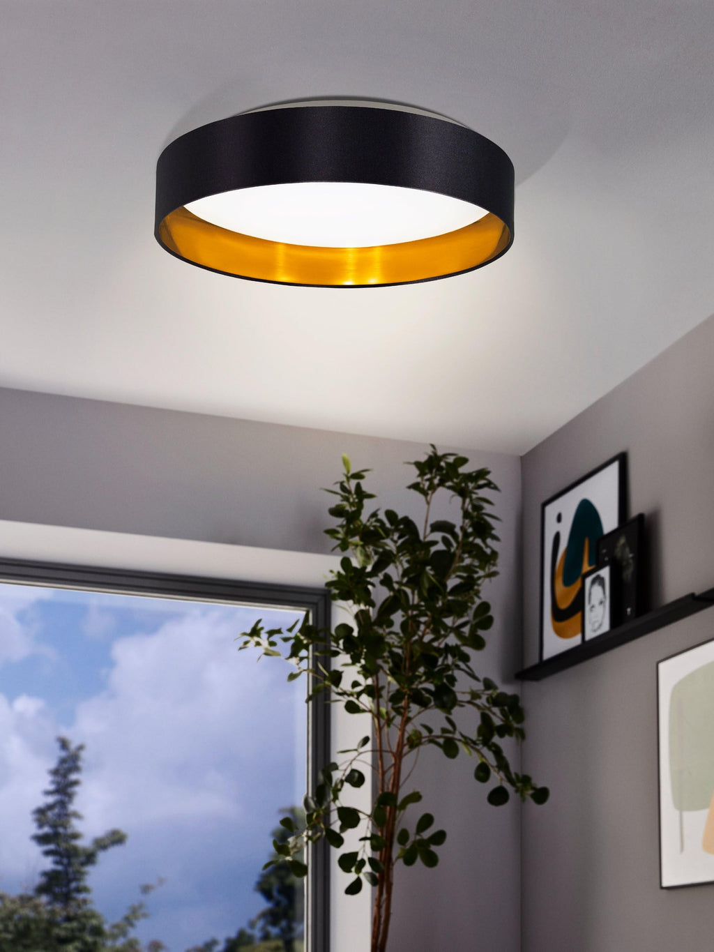 EGLO LED Deckenlampe Maserlo 2, Textil Deckenleuchte, Wohnzimmerlampe Decke aus Stoff in gold und schwarz, Kunststoff in weiß, warmweiß, Ø 38 cm