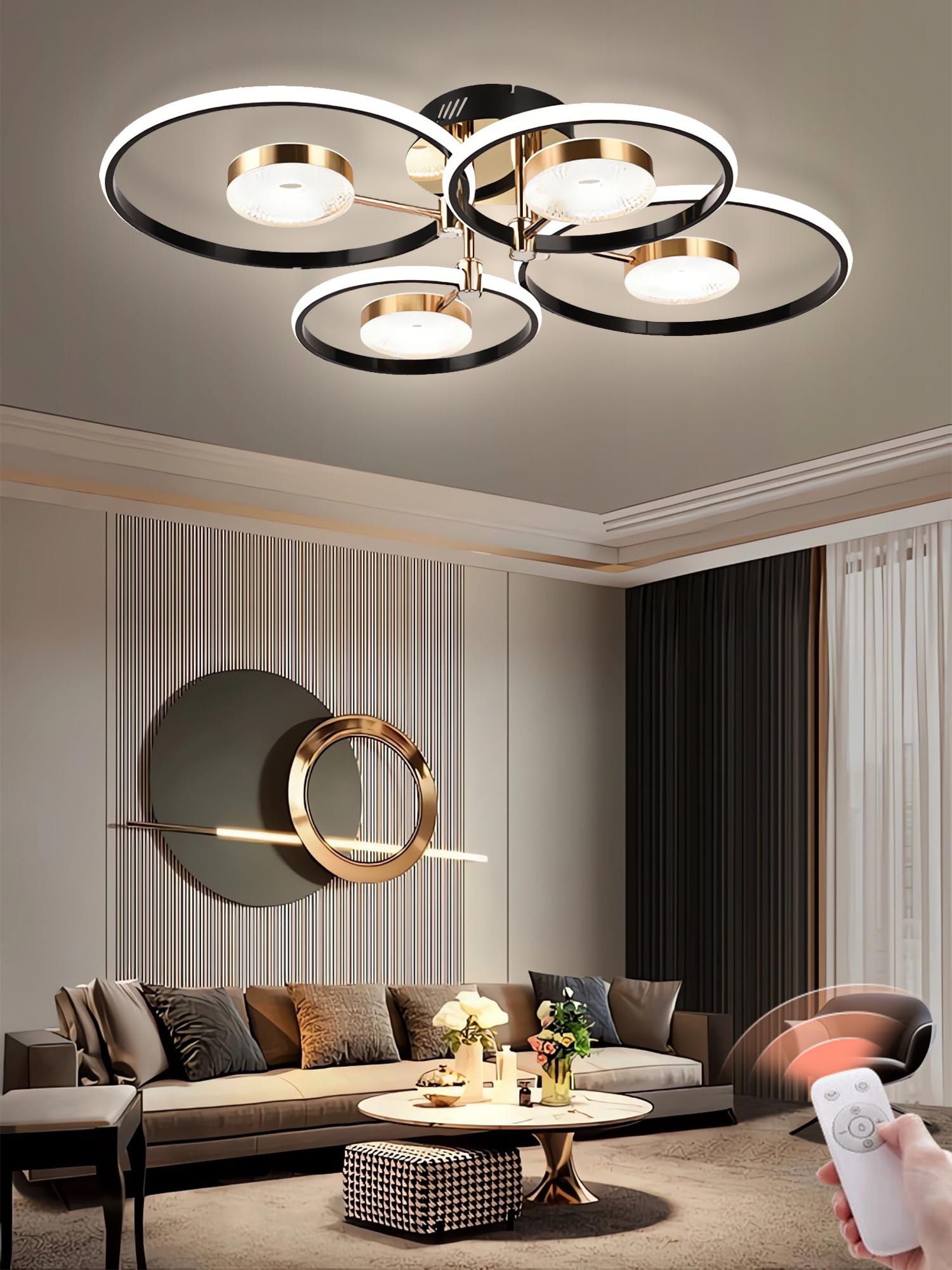 QYSMGS LED-Deckenleuchte schwarz Moderne Runde Ring Design Deckenlampen Dimmbar mit Fernbedienung Wohnzimmer Deckenbeleuchtung Kreativer Acryl-Kronleuchter für Schlafzimmer und Esszimmer (4+4 Köpfe)