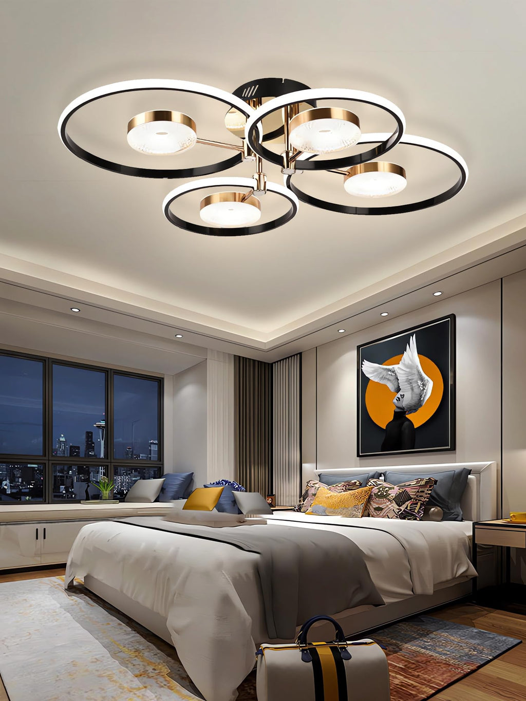 QYSMGS LED-Deckenleuchte schwarz Moderne Runde Ring Design Deckenlampen Dimmbar mit Fernbedienung Wohnzimmer Deckenbeleuchtung Kreativer Acryl-Kronleuchter für Schlafzimmer und Esszimmer (4+4 Köpfe)