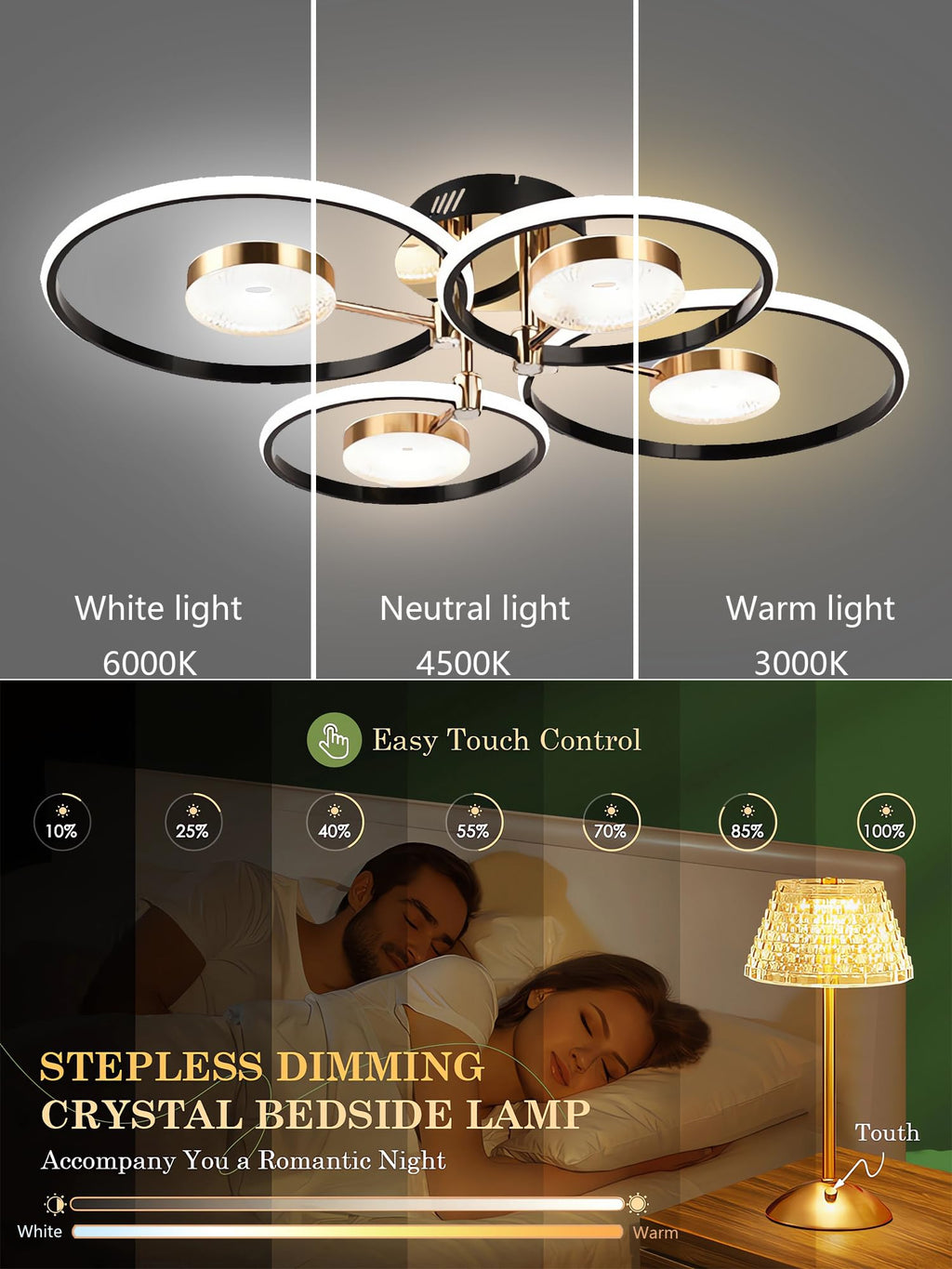 QYSMGS LED-Deckenleuchte schwarz Moderne Runde Ring Design Deckenlampen Dimmbar mit Fernbedienung Wohnzimmer Deckenbeleuchtung Kreativer Acryl-Kronleuchter für Schlafzimmer und Esszimmer (4+4 Köpfe)