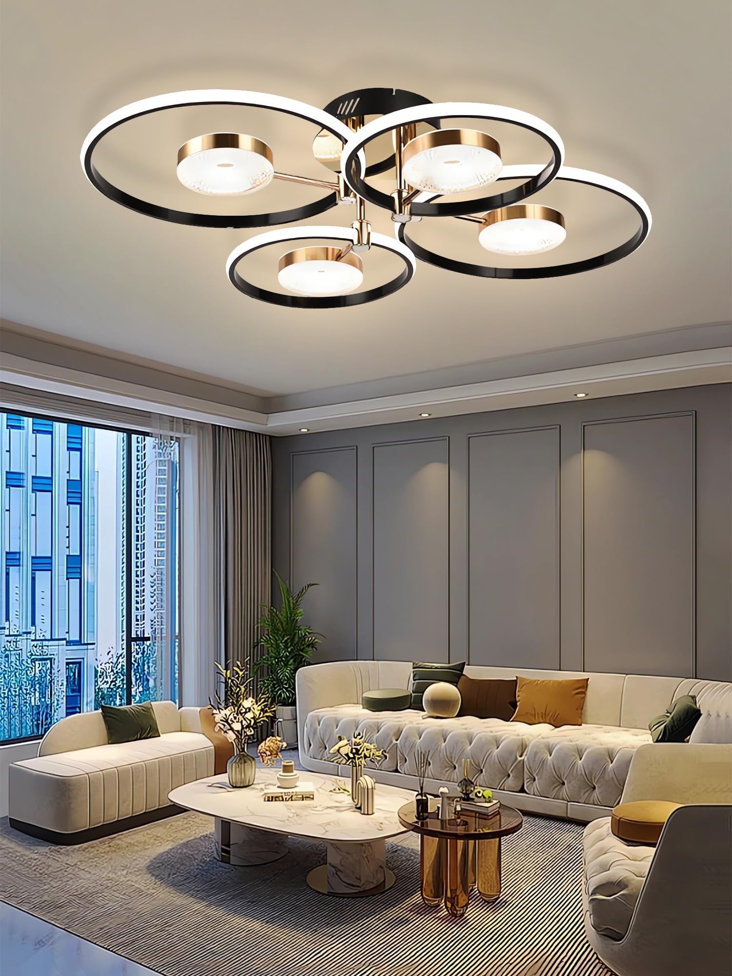 QYSMGS LED-Deckenleuchte schwarz Moderne Runde Ring Design Deckenlampen Dimmbar mit Fernbedienung Wohnzimmer Deckenbeleuchtung Kreativer Acryl-Kronleuchter für Schlafzimmer und Esszimmer (4+4 Köpfe)