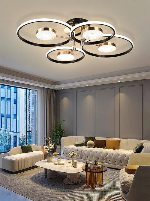 QYSMGS LED-Deckenleuchte schwarz Moderne Runde Ring Design Deckenlampen Dimmbar mit Fernbedienung Wohnzimmer Deckenbeleuchtung Kreativer Acryl-Kronleuchter für Schlafzimmer und Esszimmer (4+4 Köpfe)